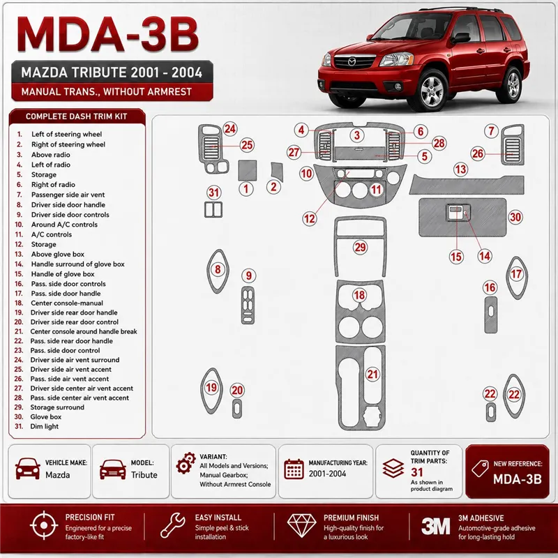 Mazda Tribute 2001-2004 cambio manuale; senza Armrest Console kit rivestimento cruscotto e interni 3D