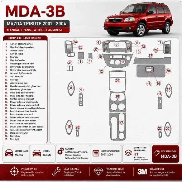 Mazda Tribute 2001-2004 cambio manuale; senza Armrest Console kit rivestimento cruscotto e interni 3D
