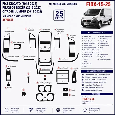 Fiat Ducato 2014 kit cruscotto 3D, 25 pezzi 2