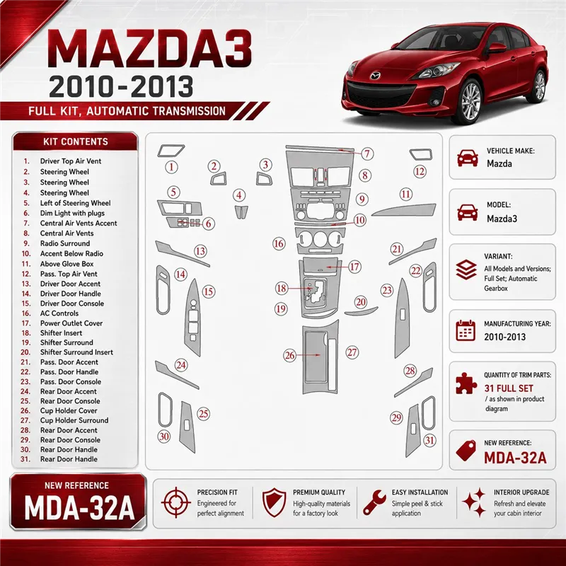 Mazda Mazda3 2010-2013 set completo; cambio automatico kit rivestimento cruscotto e interni 3D