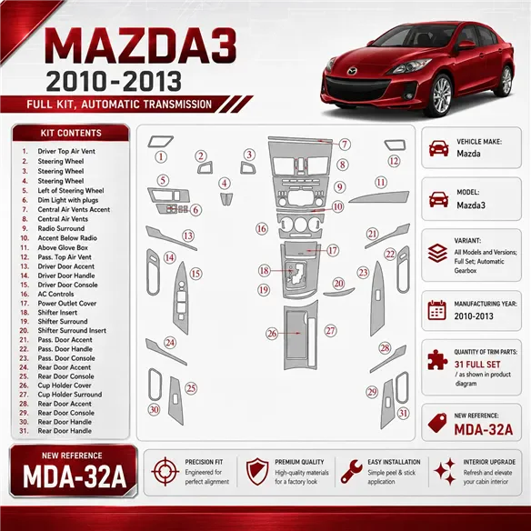 Mazda Mazda3 2010-2013 set completo; cambio automatico kit rivestimento cruscotto e interni 3D