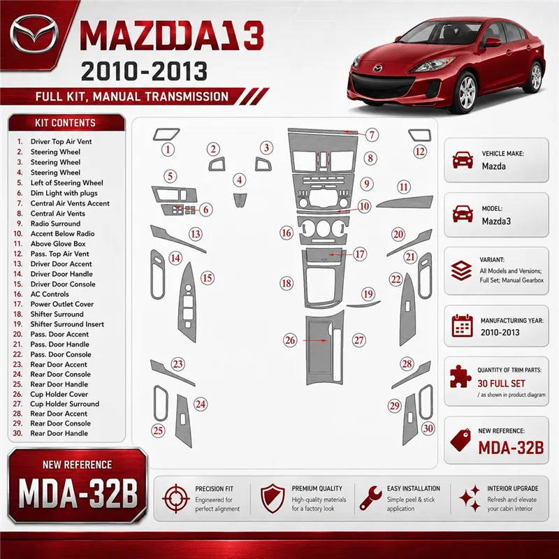 Mazda Mazda3 2010-2013 set completo; cambio manuale kit rivestimento cruscotto e interni 3D