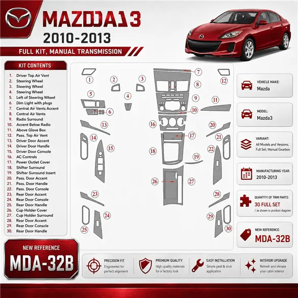 Mazda Mazda3 2010-2013 set completo; cambio manuale kit rivestimento cruscotto e interni 3D