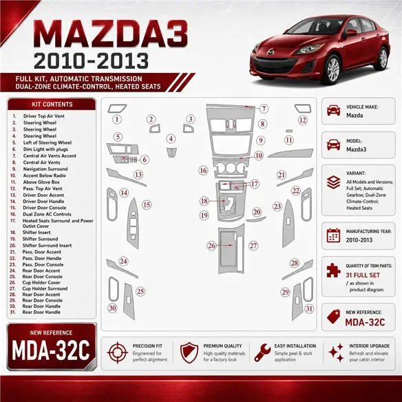Mazda Mazda3 2010-2013 set completo; cambio automatico; two-zone Climate-Control; Heated Seats kit rivestimento cruscotto e inte