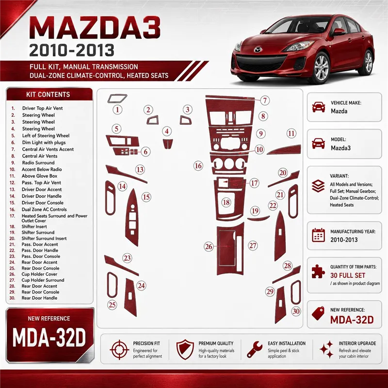 Mazda Mazda3 2010-2013 set completo; cambio manuale; two-zone Climate-Control; Heated Seats kit rivestimento cruscotto e interni