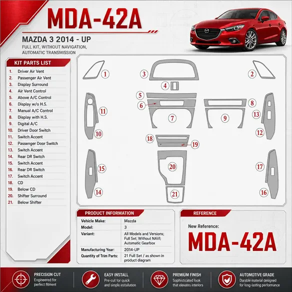 Mazda 3 2014-in poi set completo; senza navigatore; cambio automatico kit rivestimento cruscotto e interni 3D