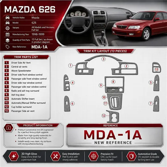 Mazda 626 1998-1999 set completo kit rivestimento cruscotto e interni 3D