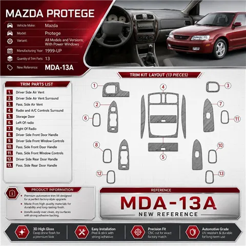 Mazda Protege 1999-in poi con Power Windows kit rivestimento cruscotto e interni 3D 13 pezzi