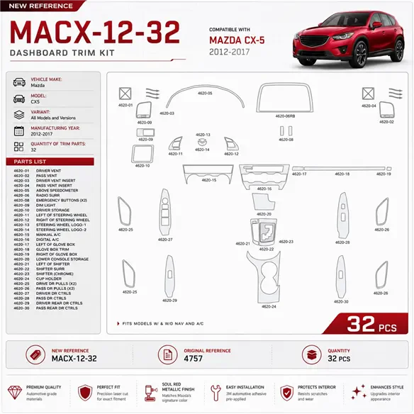 Mazda CX5 2012-2017 kit rivestimento cruscotto e interni 3D 32 pezzi