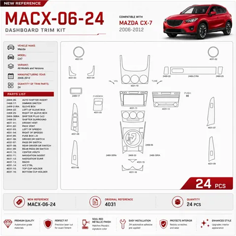 Mazda CX7 2006-2012 kit rivestimento cruscotto e interni 3D 24 pezzi