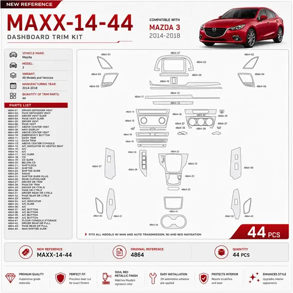 Mazda 3 2014-2018 kit rivestimento cruscotto e interni 3D 44 pezzi