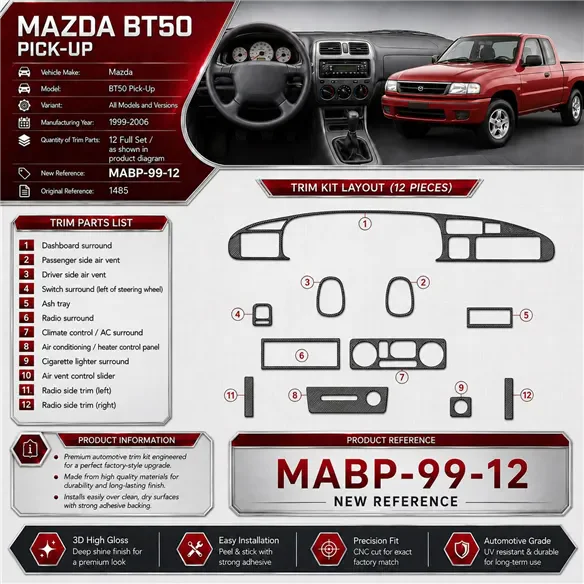 Mazda BT50 Pick-Up 1999-2006 kit rivestimento cruscotto e interni 3D 12 pezzi