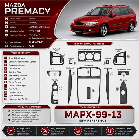 Mazda Premacy 1999-2004 kit rivestimento cruscotto e interni 3D 13 pezzi