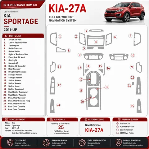 Kia Sportage 2011-in poi set completo; senza sistema di navigazione kit rivestimento cruscotto e interni 3D 2