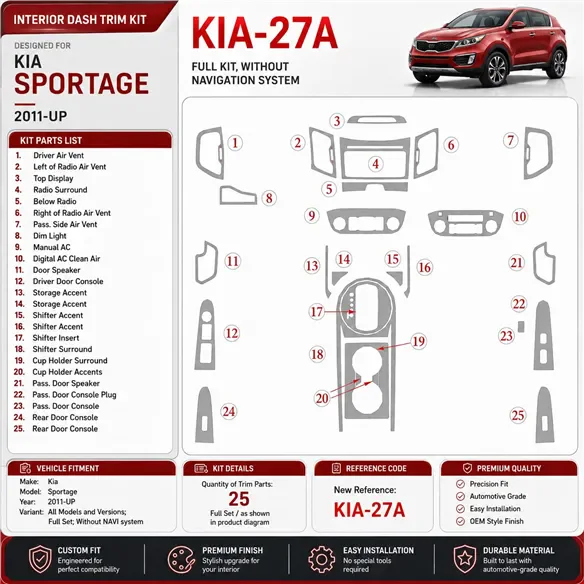 Kia Sportage 2011-in poi set completo; senza sistema di navigazione kit rivestimento cruscotto e interni 3D