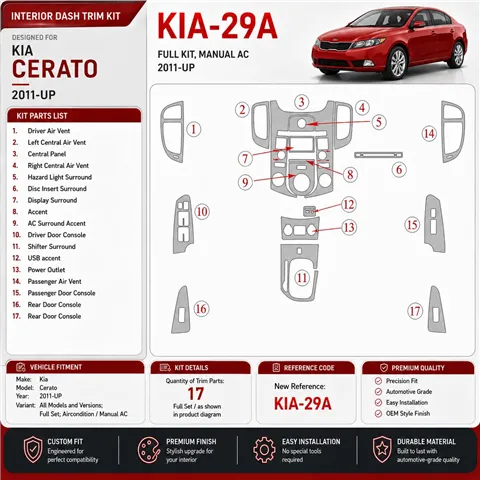 Kia Cerato 2011-in poi set completo; climatizzatore kit rivestimento cruscotto e interni 3D