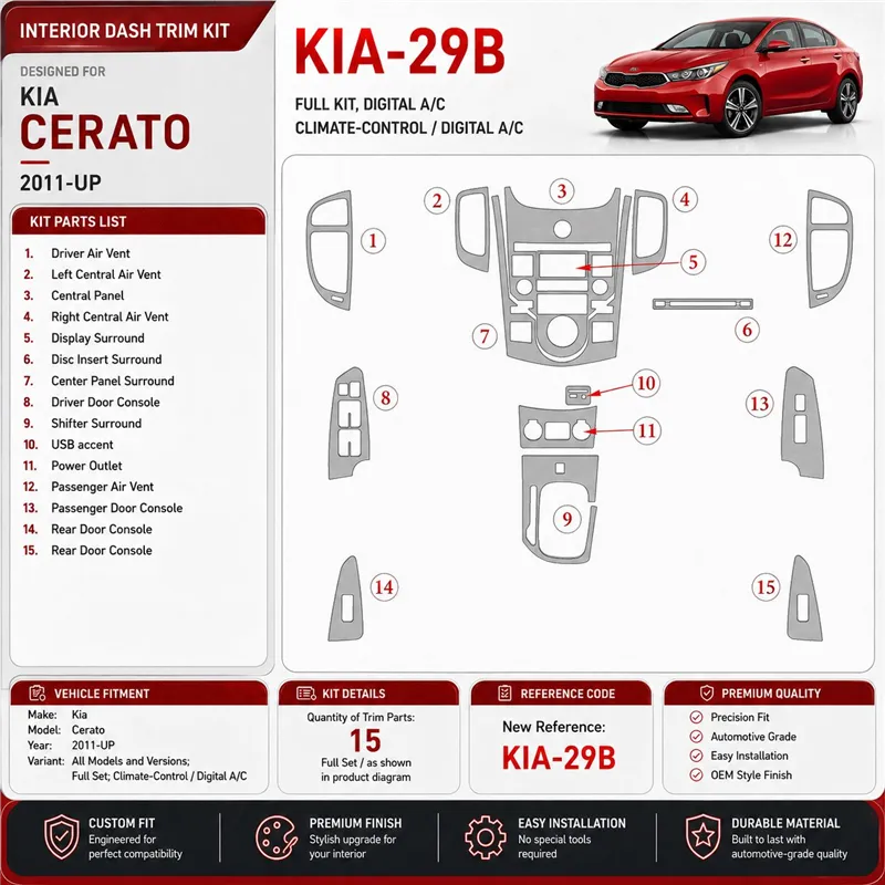 Kia Cerato 2011-in poi set completo; Climate-Control kit rivestimento cruscotto e interni 3D