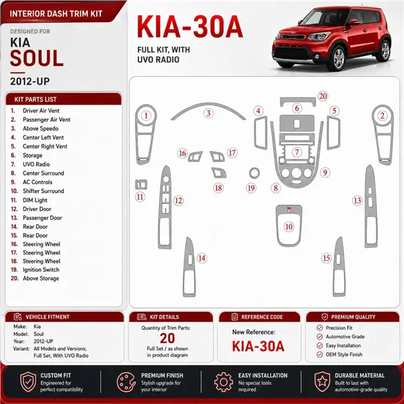 Kia Soul 2012-in poi set completo con UVO Radio kit rivestimento cruscotto e interni 3D