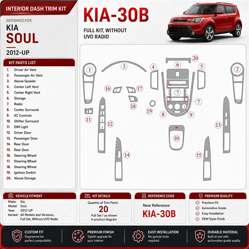Kia Soul 2012-in poi set completo senza UVO Radio kit rivestimento cruscotto e interni 3D