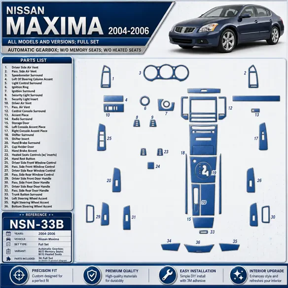 Nissan Maxima 2004-2006 set completo; cambio automatico; W / O Memory Seats; W / O Heated Seats kit rivestimento cruscotto e int