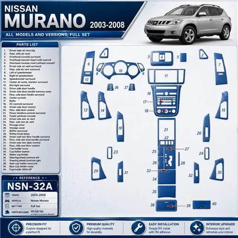 Nissan Murano 2003-2008 set completo kit rivestimento cruscotto e interni 3D