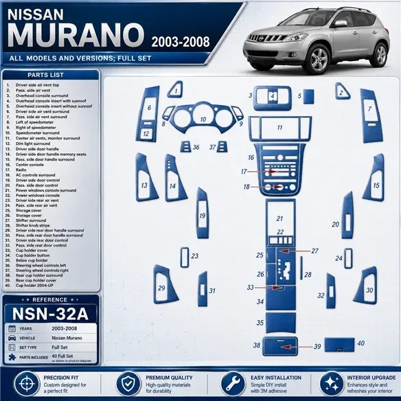 Nissan Murano 2003-2008 set completo kit rivestimento cruscotto e interni 3D