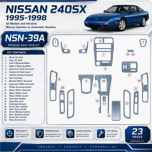 Nissan 240SX 1995-1998 cambio manuale or cambio automatico kit rivestimento cruscotto e interni 3D