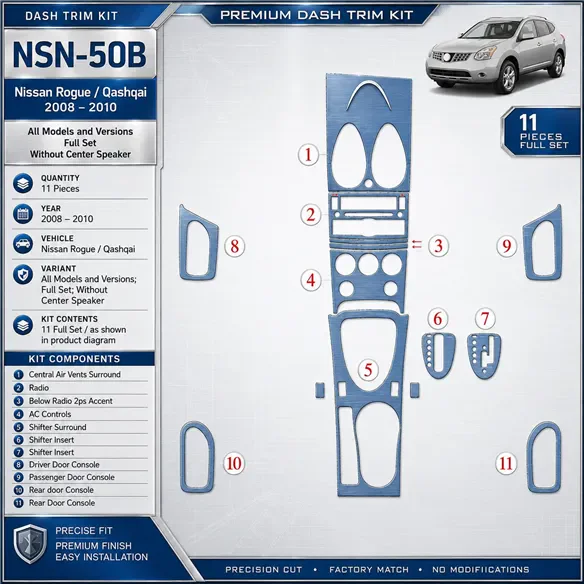 Nissan Roque 2008-2010 set completo; senza Center Speaker kit rivestimento cruscotto e interni 3D