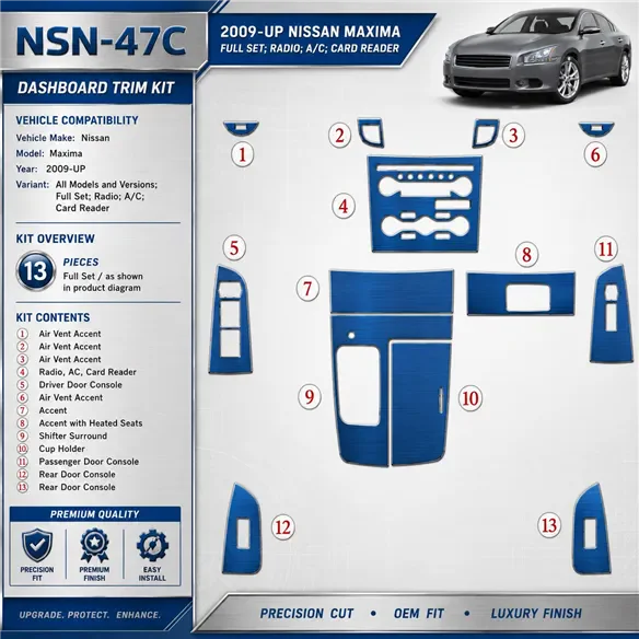 Nissan Maxima 2009-in poi set completo; Radio; A / C; Card Reader kit rivestimento cruscotto e interni 3D