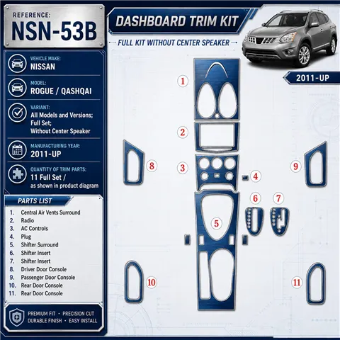 Nissan Roque 2011-in poi set completo; senza Center Speaker kit rivestimento cruscotto e interni 3D