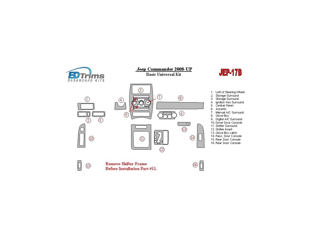 Jeep Commander 2008-UP Basic Universal Kit Cruscotto BD Rivestimenti interni Jeep Commander 2008-UP Basic Universal Kit Cruscotto BD Rivestimenti interni
