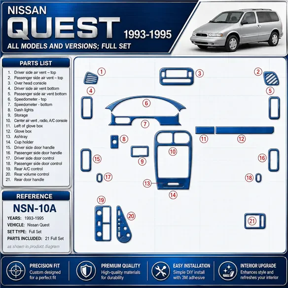 Nissan Quest 1993-1995 set completo kit rivestimento cruscotto e interni 3D 21 pezzi