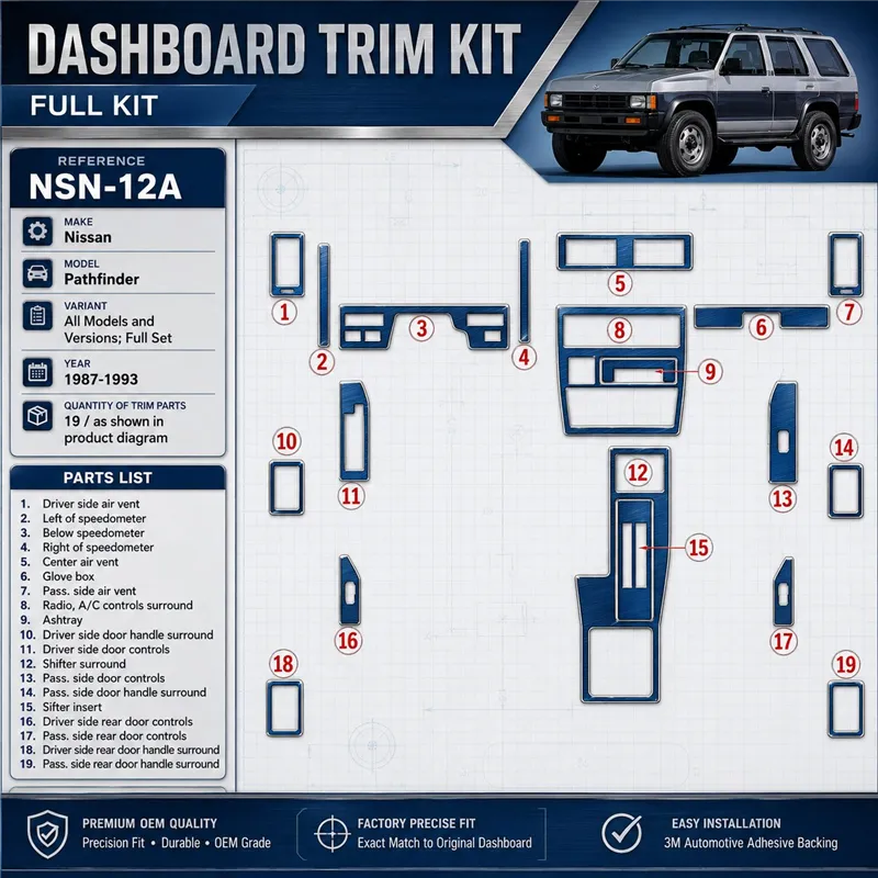 Nissan Pathfinder 1987-1993 set completo kit rivestimento cruscotto e interni 3D 19 pezzi