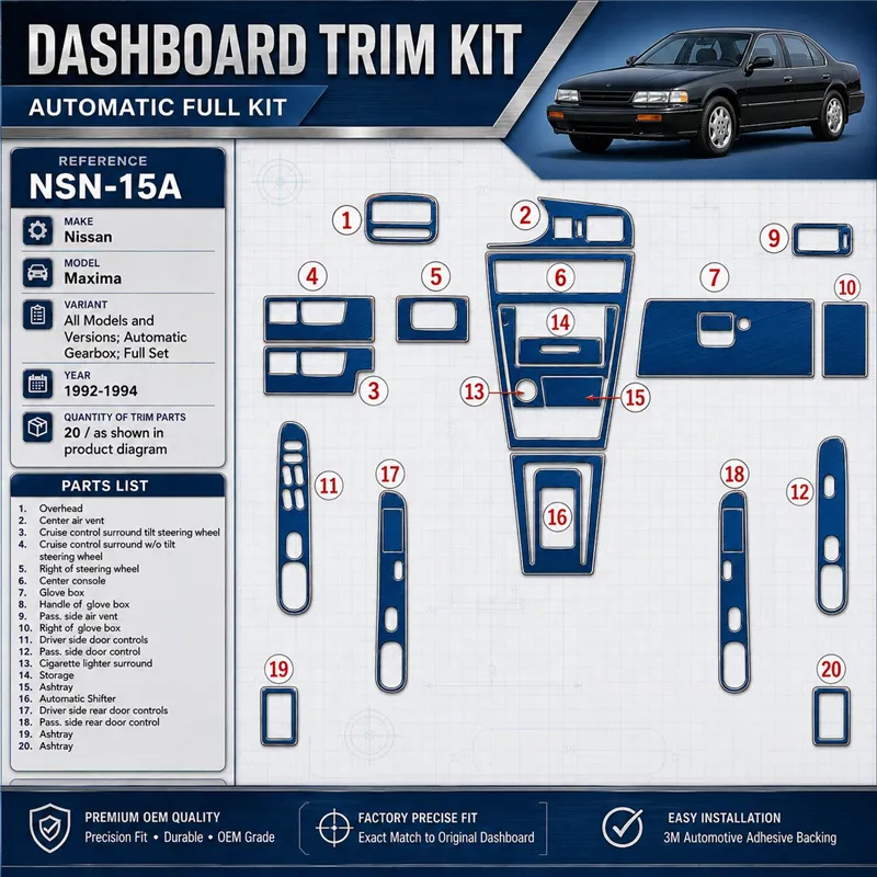 Nissan Maxima 1992-1994 cambio automatico; set completo kit rivestimento cruscotto e interni 3D 20 pezzi