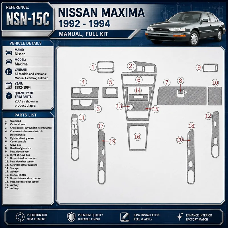 Nissan Maxima 1992-1994 cambio manuale; set completo kit rivestimento cruscotto e interni 3D 20 pezzi