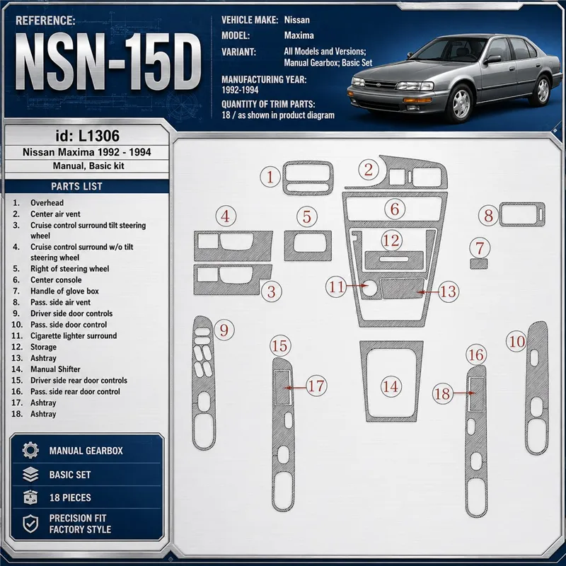 Nissan Maxima 1992-1994 cambio manuale; Basic Set kit rivestimento cruscotto e interni 3D 18 pezzi