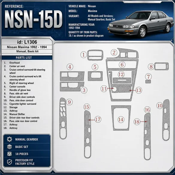 Nissan Maxima 1992-1994 cambio manuale; Basic Set kit rivestimento cruscotto e interni 3D 18 pezzi