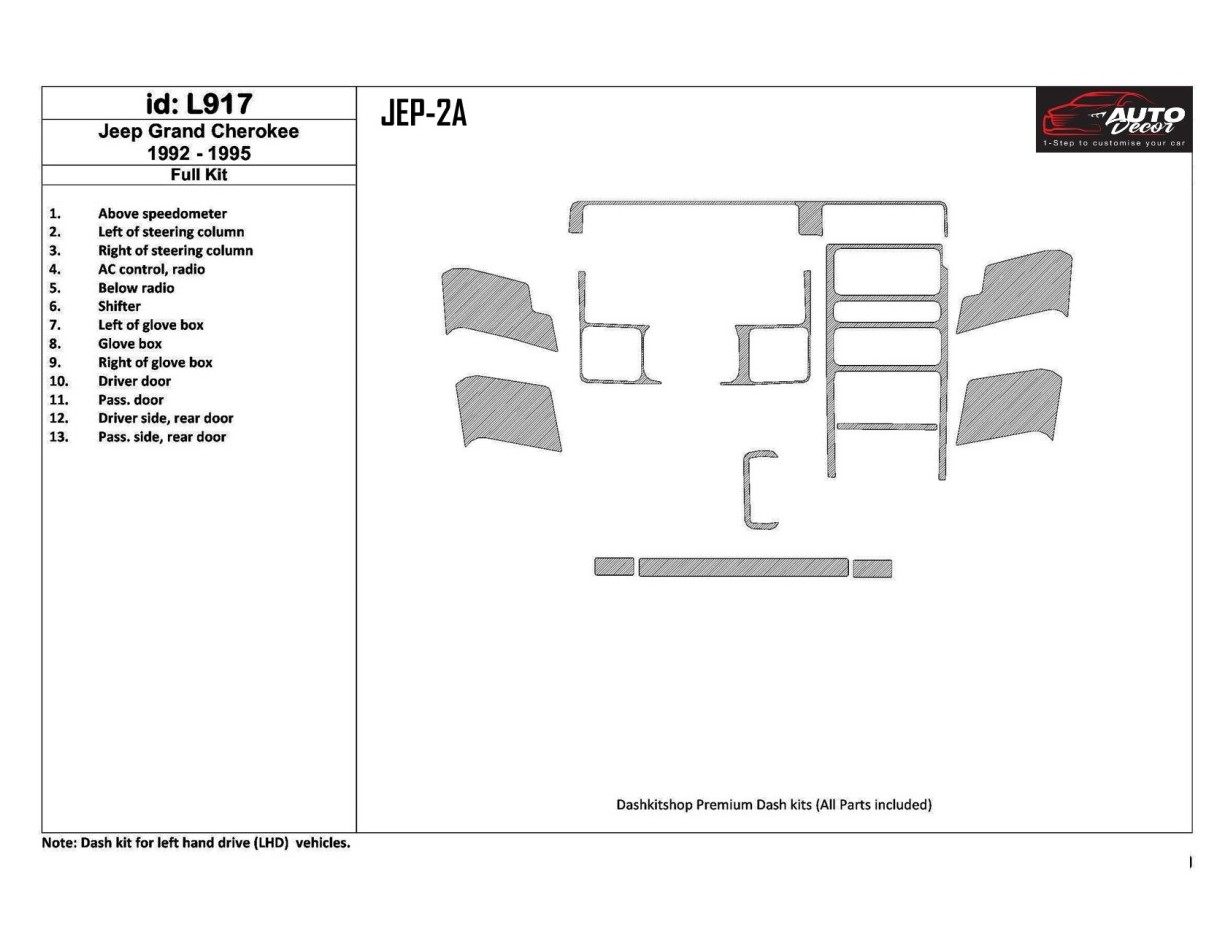 Jeep Grand Cherokee 1992-1995 Full Set, 13 Parts set Cruscotto BD Rivestimenti interni
