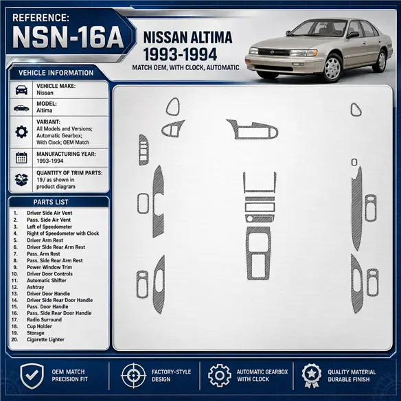 Nissan Altima 1993-1994 cambio automatico; con watches; OEM Match kit rivestimento cruscotto e interni 3D 19 pezzi