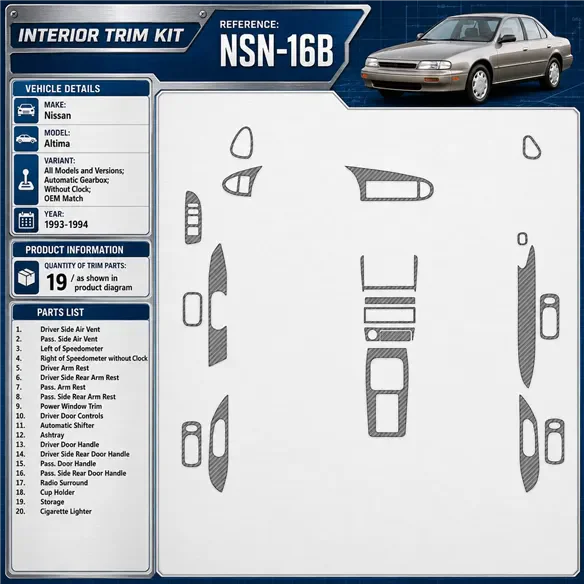 Nissan Altima 1993-1994 cambio automatico; senza watches; OEM Match kit rivestimento cruscotto e interni 3D 19 pezzi