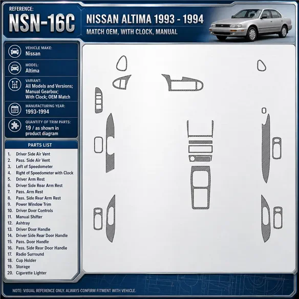 Nissan Altima 1993-1994 cambio manuale; con watches; OEM Match kit rivestimento cruscotto e interni 3D 19 pezzi