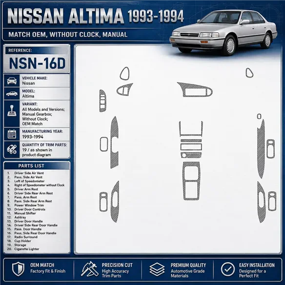 Nissan Altima 1993-1994 cambio manuale; senza watches; OEM Match kit rivestimento cruscotto e interni 3D 19 pezzi