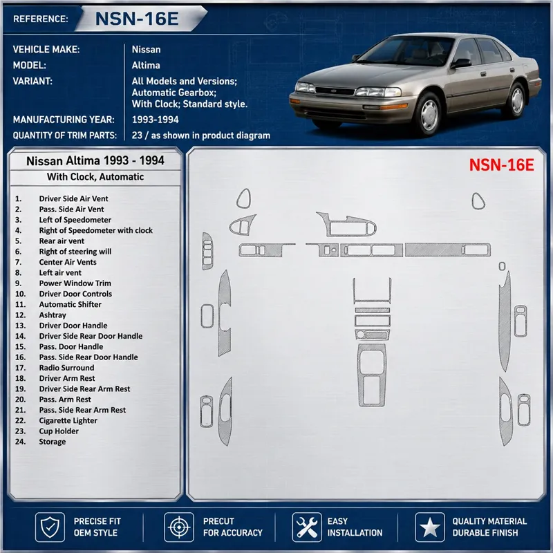 Nissan Altima 1993-1993 cambio automatico; con watches; senza OEM kit rivestimento cruscotto e interni 3D 23 pezzi