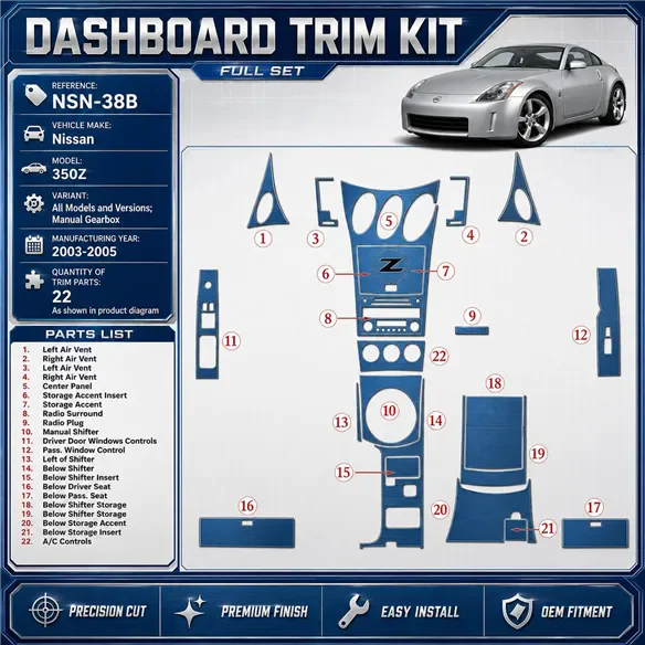Nissan Z350 2003-2005 cambio manuale kit rivestimento cruscotto e interni 3D