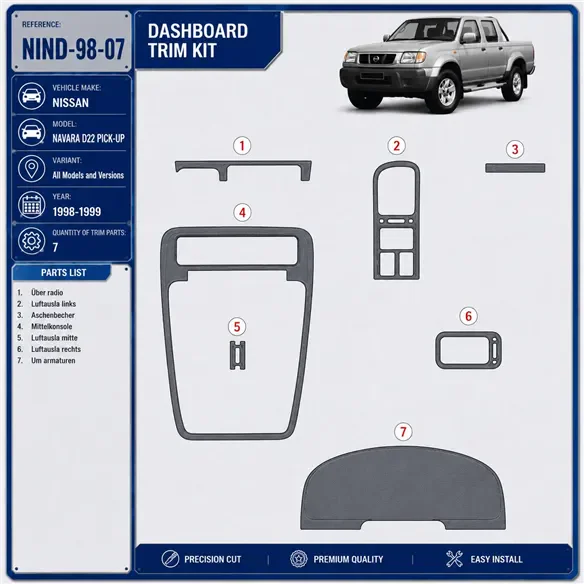 Nissan Navara D22 Pick-up 1998-1999 kit rivestimento cruscotto e interni 3D 7 pezzi