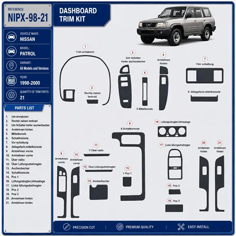 Nissan Patrol 1998-2000 kit rivestimento cruscotto e interni 3D 21 pezzi