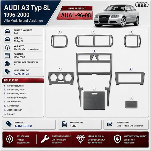 Audi A3 Typ 8L 1996-2000 kit rivestimento cruscotto e interni 3D 8 pezzi