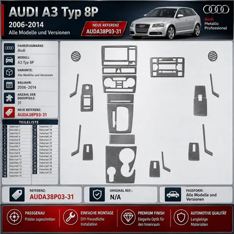Audi A3 Typ 8P 2006-2014 kit rivestimento cruscotto e interni 3D 31 pezzi