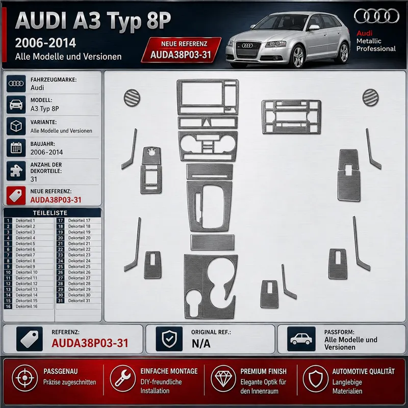 Audi A3 Typ 8P 2006-2014 kit rivestimento cruscotto e interni 3D 31 pezzi