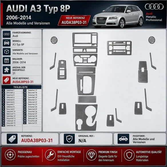 Audi A3 Typ 8P 2006-2014 kit rivestimento cruscotto e interni 3D 31 pezzi